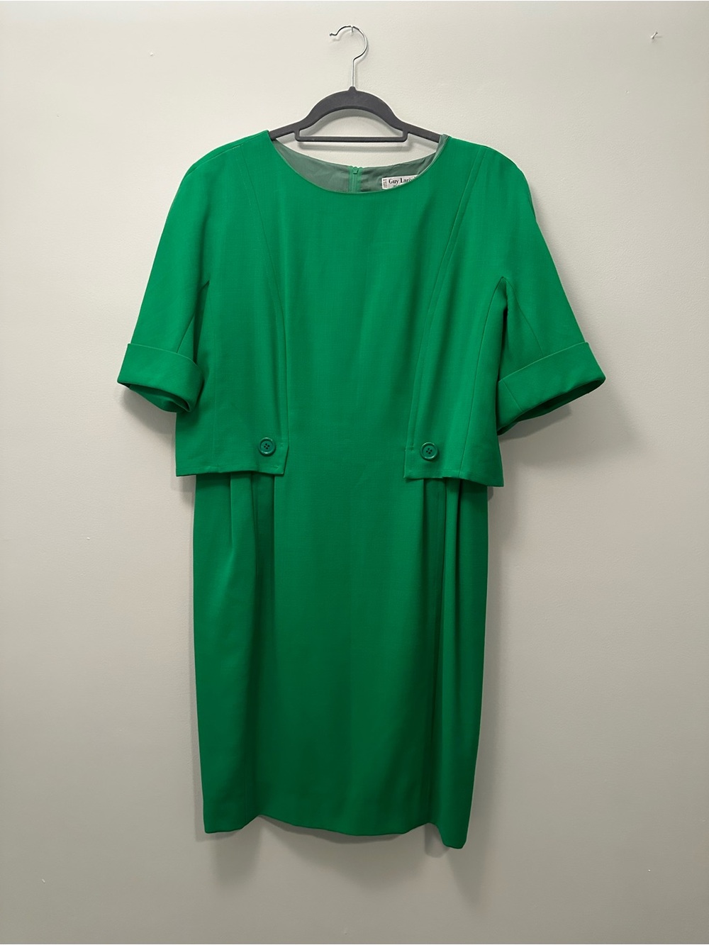 Vintage Designer Guy Laroche 100% Sheath Dress Emerald Green with Button Detail